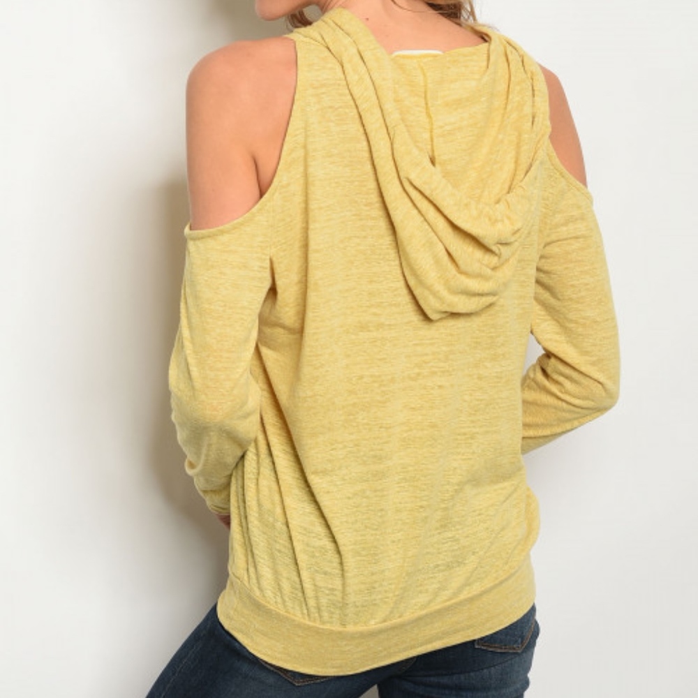Mustard "HELLO WEEKEND" OPEN SHOULDER HOODED TOP - Picture 2 of 7